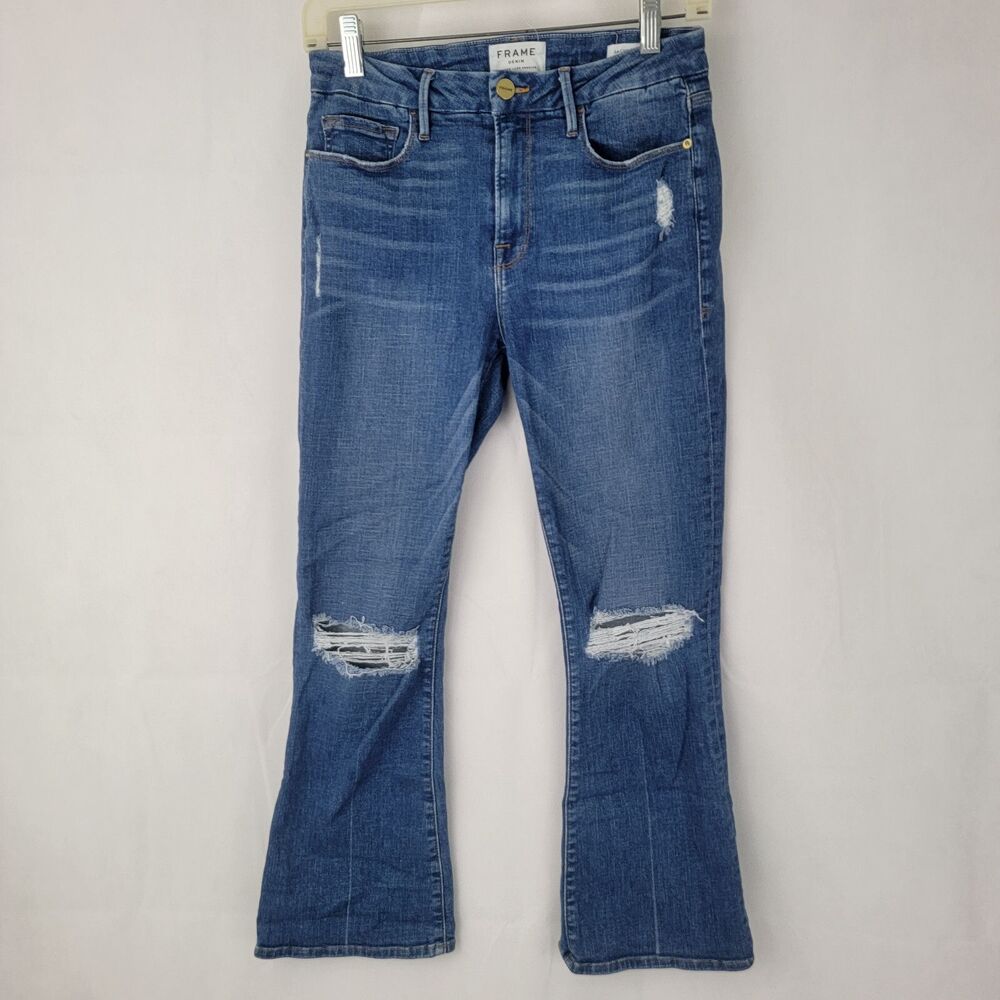 FRAME Womens Jeans Sz 28 Le Crop Mini Boot Cut BLUE Corkill Distressed Stretch